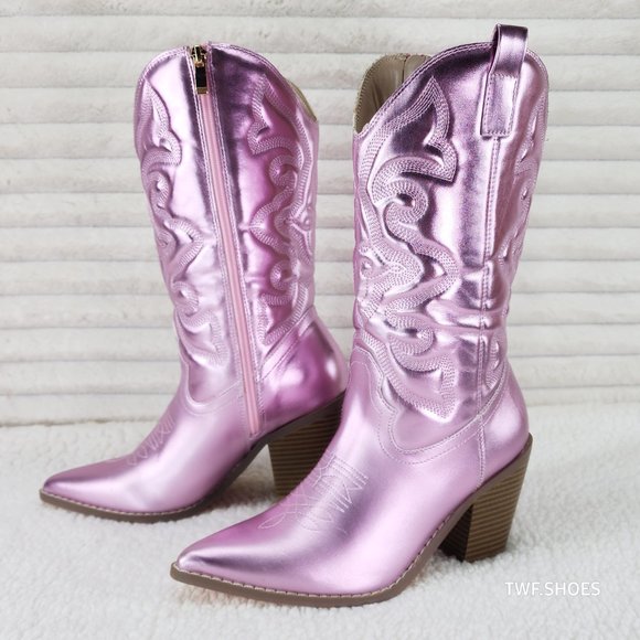 Electric Mid Calf Cowboy Baby Pink Brush Metallic Matte Western Cowgirl Boots - Picture 3 of 13